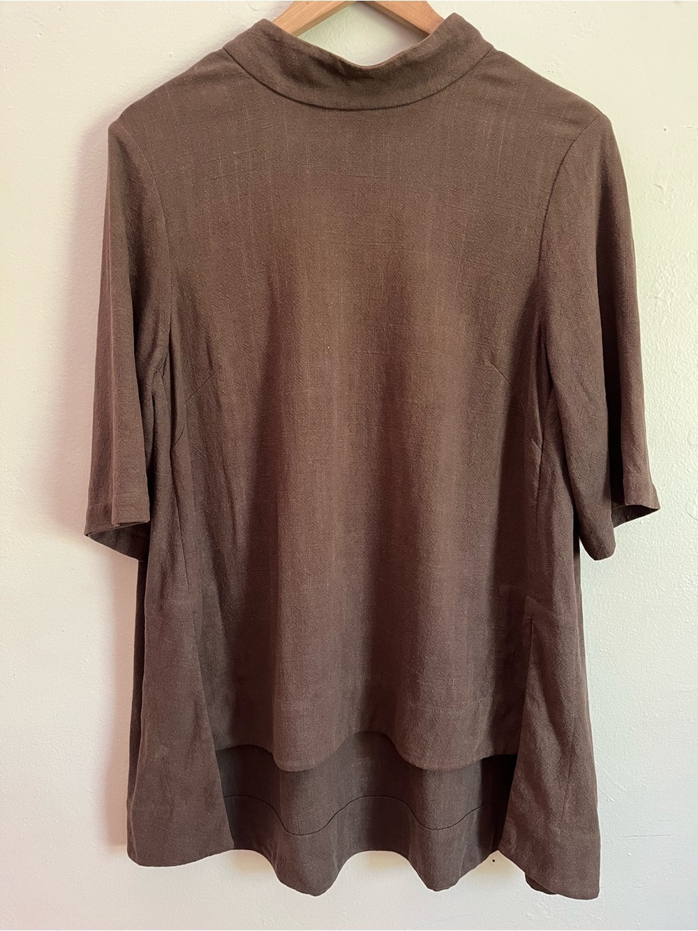 7115 by szeki cotton and linen blend Relaxed Brown Mock Neck Short-Sleeve Tunic